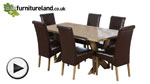 Watch 6ft x 3ft Solid Oak Crossed Leg Dining Table + 6 Scroll Back Brown Leather Chairs video
