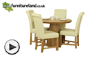 Watch Solid Oak Round Dining Table with Pyramid Base + 4 Braced Cream Leather Chairs video