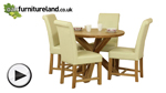 Watch Solid Oak Round Dining Table with Crossed Legs + 4 Braced Cream Leather Chairs video