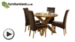 Watch Solid Oak Round Dining Table with Crossed Legs + 4 Brown Leather Chairs video