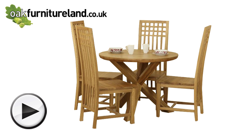 Watch Solid Oak Round Dining Table with Crossed Legs + 4 Solid Oak Lattice Back Dining Chair video